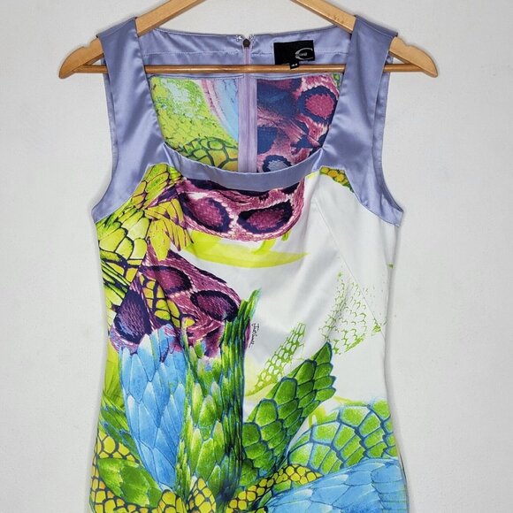 Just Cavalli Purple / Green Floral Print Satin Sheath Dress Size 44 / 8 - Picture 3 of 6